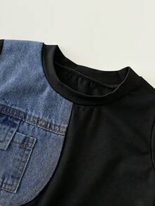 SHEIN 男婴牛仔拼接圆领T恤和牛仔裤两件套，休闲日常穿着 - 黑色 - 查看 4