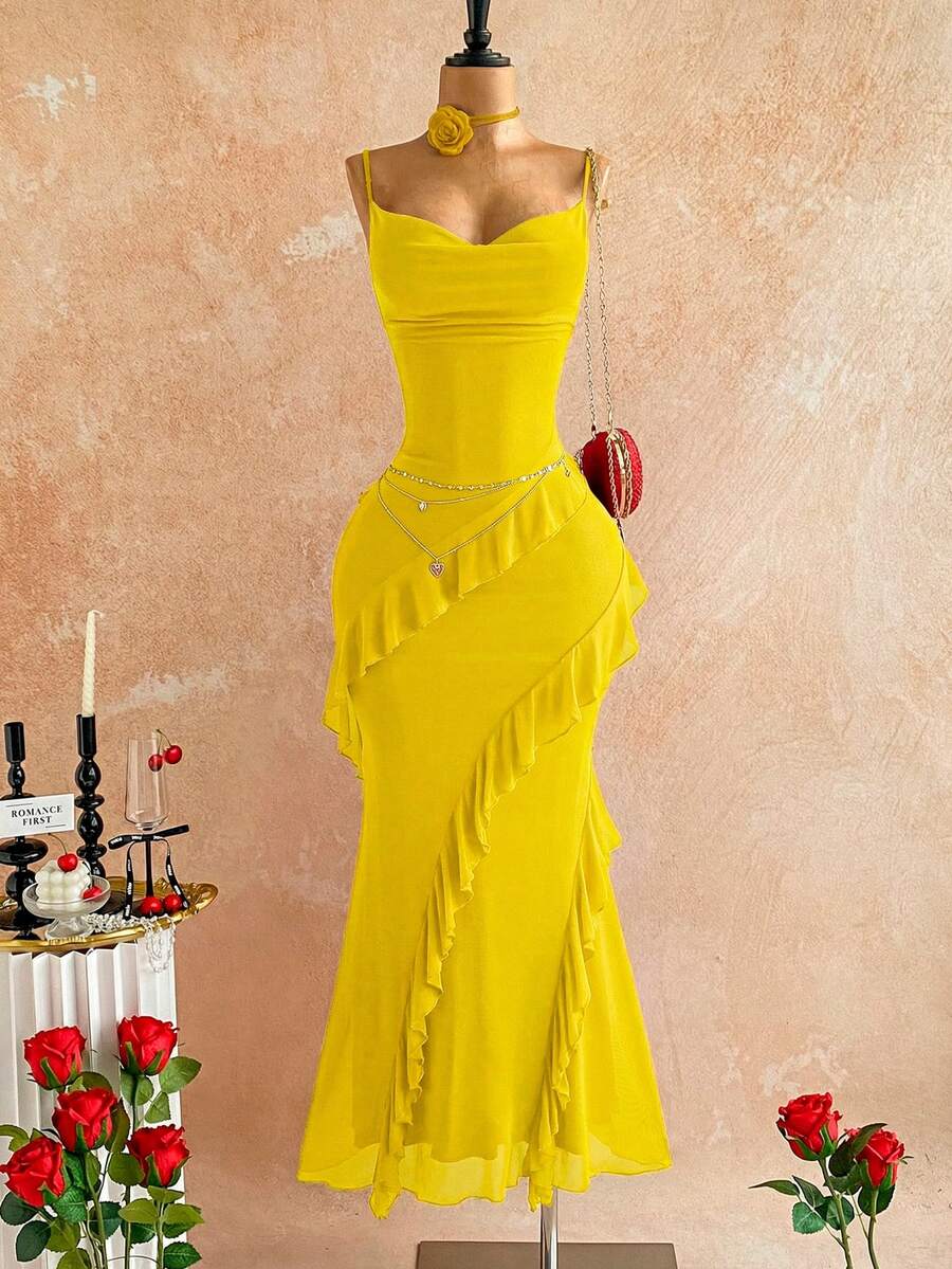Soleia Women's Colorful Vintage Floral Print Draped Neck Layered Ruffle Hem Dress, Vacation Style,Summer Dresses For Women - Yellow - View 1