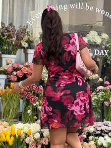 GalTyme Plus Size Women's Spring/Summer Lace Patchwork Floral Print Casual Party Dress - Pink - View 2