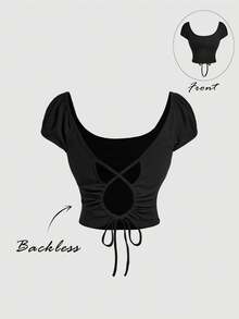 SHEIN MOD 女士纯色扭结后背褶皱修身休闲T恤 - 黑色 - 查看 1