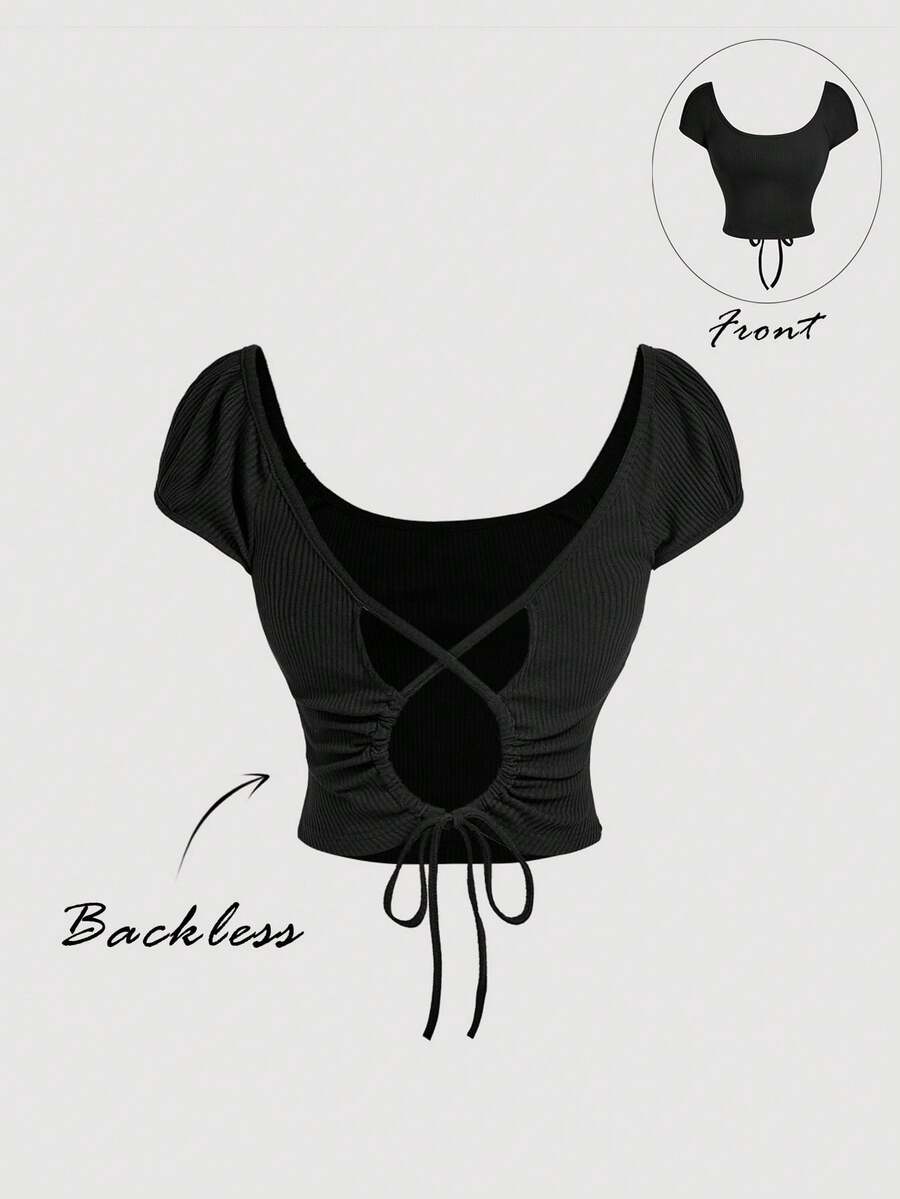 SHEIN MOD 女士纯色扭结后背褶皱修身休闲T恤 - 黑色 - 查看 1