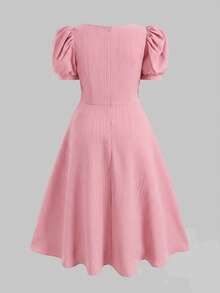 Vestido largo elegante casual de calle para niña adolescente, primavera/verano, tejido jacquard texturizado, cuello cuadrado, manga corta abullonada, color burdeos, KIDS - Rosa - Ver 3