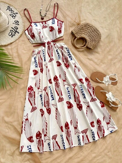 Soleia Women's Green Tropical Floral Print Hollow-Out Tie-Up Waist A-Line Midi Slip Dress For Vacation