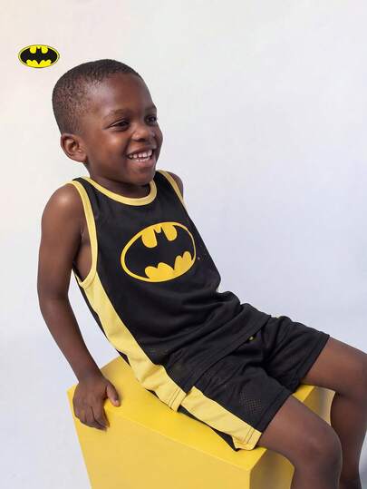 Maija Kids BATMAN X SHEIN Maija Kids 男童夏季休闲运动日常通勤蝙蝠标志印花撞色背心和短裤套装