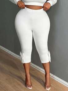 SHEIN SXY Quần legging cỡ lớn màu đen trắng thanh lịch với nơ trang trí, phù hợp cho các bữa tiệc cocktail, đi làm và mặc hàng ngày. - Nhiều màu - Xem 4