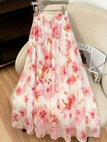 SHEIN Franclia 碎花高腰A字裙，白色底，粉色扎染花朵，轻盈飘逸，浪漫优雅，适合春夏外出或约会。 - 彩色 - 查看 6