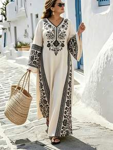 Al Najma Vestido árabe holgado con estampado floral elegante para mujer de talla grande, adecuado para bodas y fiestas - Albaricoque - Ver 1