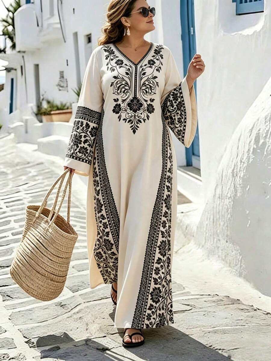 Al Najma Vestido árabe holgado con estampado floral elegante para mujer de talla grande, adecuado para bodas y fiestas - Albaricoque - Ver 1