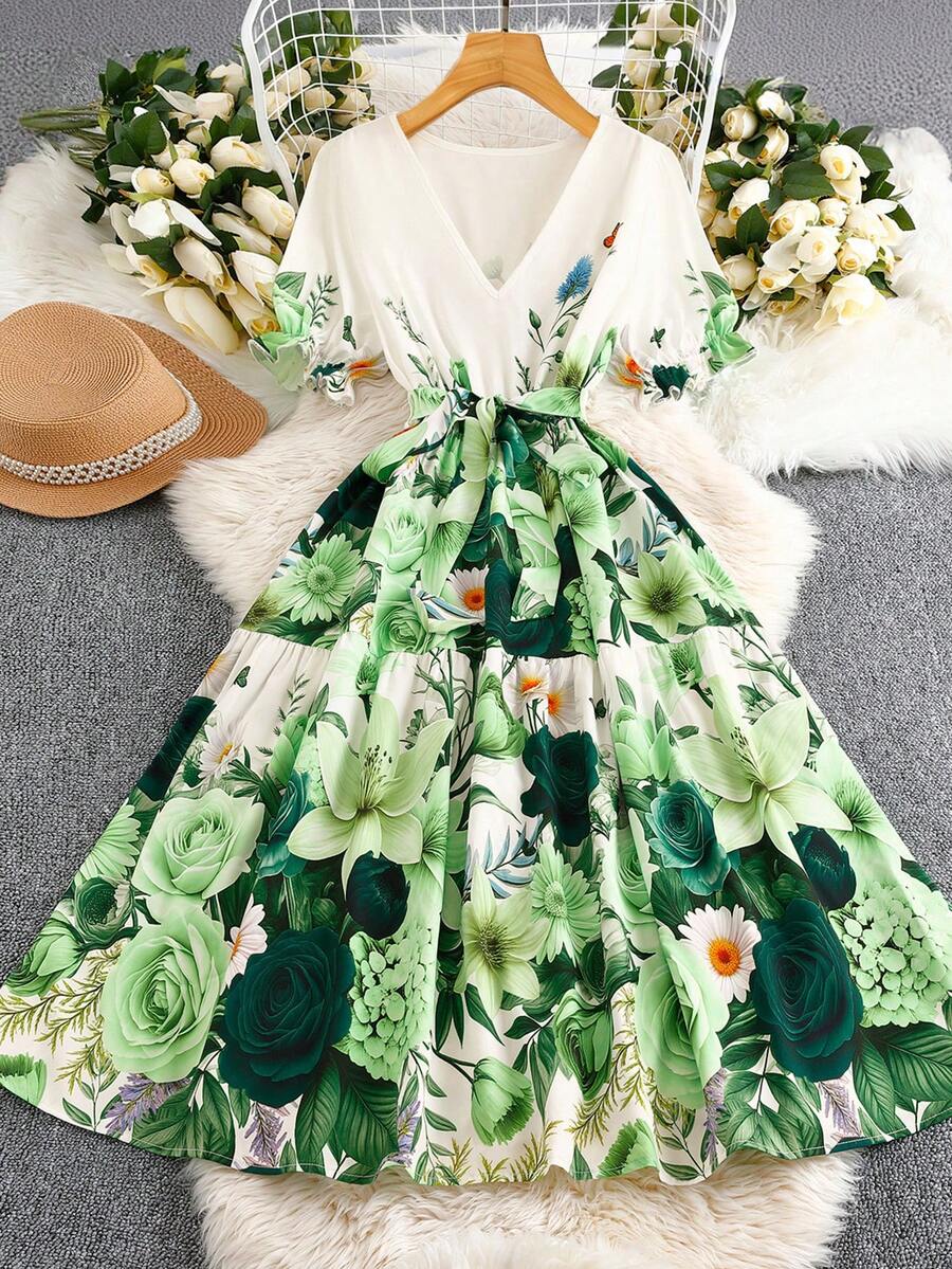 EMERY ROSE 大码女式绿色浪漫度假X型V领短袖印花弹力腰连衣裙 - 綠色 - 查看 1