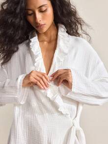 Ocili Cotton Embroidered Lace Double-Layer Crinkle Cotton Soft & Comfortable Robe With Frill Trim For Women - White - View 6