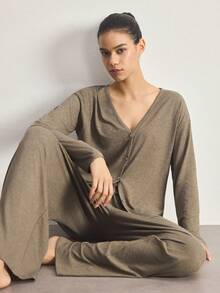 Ocili Minimalist Comfortable Collarless Soft Pajama Set For Women - Mocha Brown - View 8