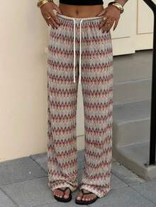 SHEIN Muchic 女士波西米亚风彩色锯齿复古印花抽绳腰宽松阔腿裤 - 彩色 - 查看 1