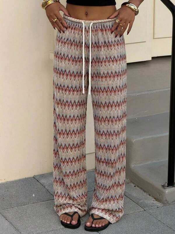 Muchica Women's Bohemian Style Colorful Zigzag Retro Print Drawstring Waist Loose Wide Leg Pants