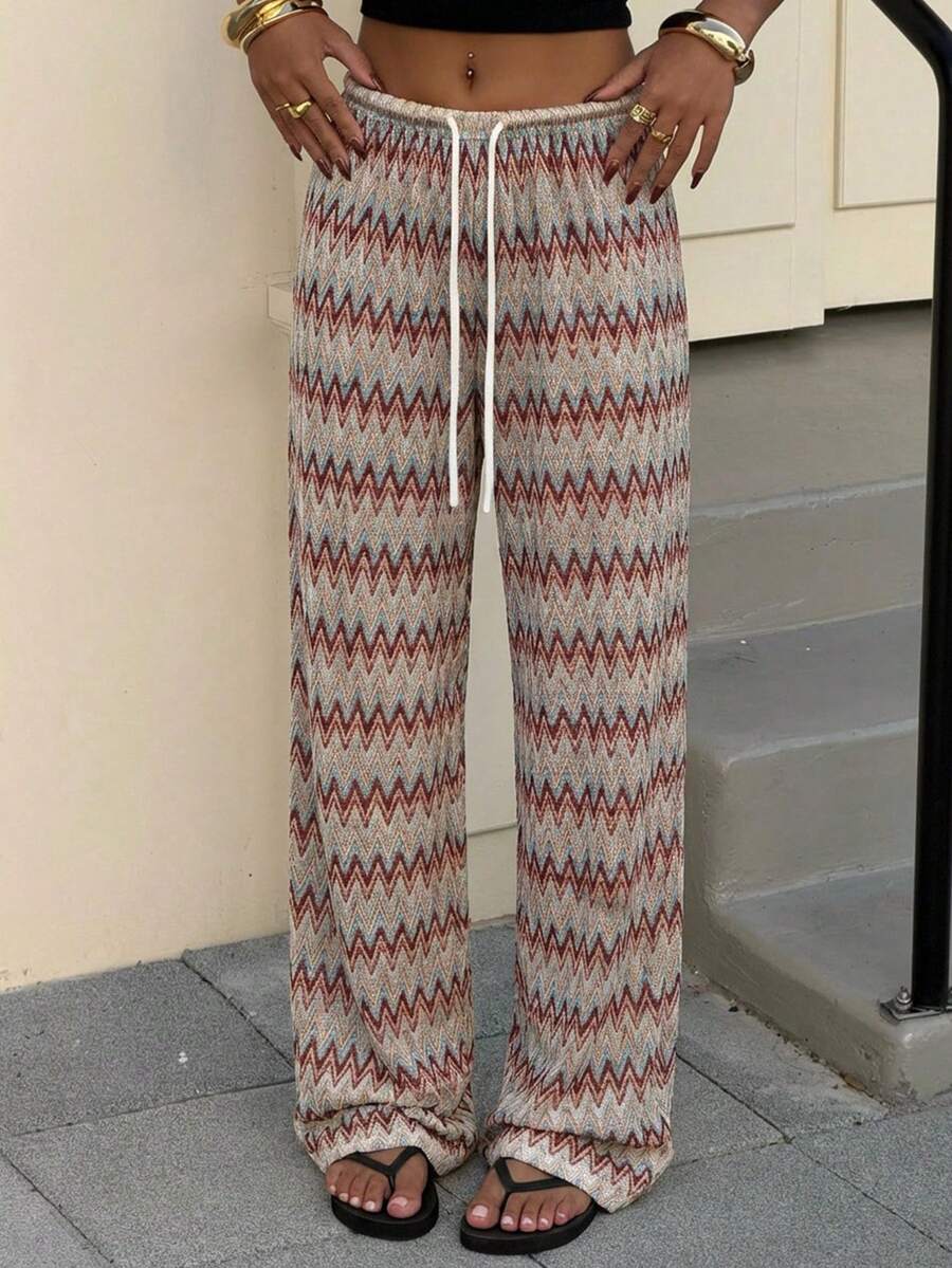 SHEIN Muchic 女士波西米亚风彩色锯齿复古印花抽绳腰宽松阔腿裤 - 彩色 - 查看 1