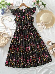 SHEIN Girls' Printed Floral Pattern Cap Sleeve Cinched Waist Dress - Multicolor - View 4