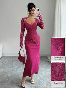 Modelyn Square Neck Lace Patchwork Button Waist Fitted Midi Dress For Women - Hot Pink - View 7
