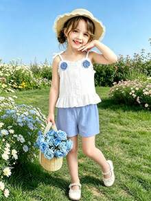 SHEIN Bộ 2 món cho bé gái: Áo hai dây cổ bèo và quần short hoa xanh, trang phục mùa hè dễ thương, giản dị kiểu đồng quê. - Màu xanh lam - Xem 6