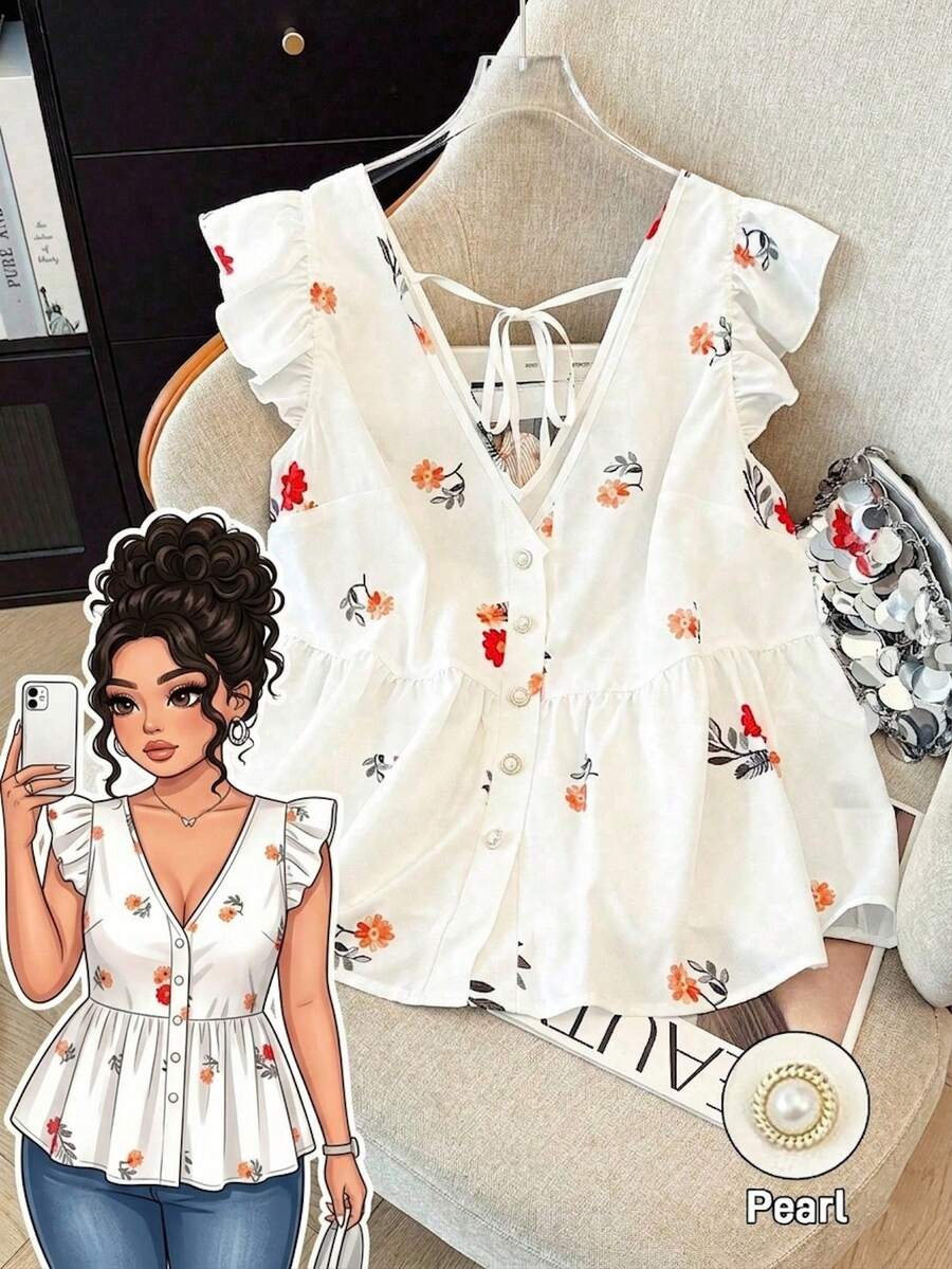 GlowEve CURVE Blusa de gasa con estampado floral para mujer de talla grande, de estilo casual y abierta al frente, versátil para primavera, verano y otoño - Blanco - Ver 1