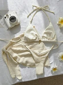 Swim Mod Bộ bikini 3 mảnh dành cho nữ, chất liệu jacquard, kiểu cổ yếm, trang trí kim loại, thích hợp cho mùa xuân/hè. - Màu be - Xem 4