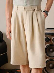 VeloEdit Khaki Color Men's Solid Folding Pleated Shorts, Woven, Camel, Suitable For Commuting In Summer Old Money & Pocket & Zipper, Basic & Boyfriend - Camel - View 5