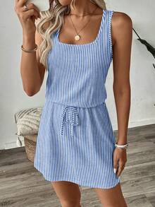 Easowa Blue Faux Mechanical Striped Casual Printed Mini Dress, Suitable For Spring/Summer & Vacation - Multicolor - View 6
