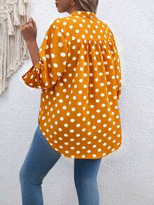 SHEIN Áo kiểu dáng cỡ lớn, cổ chữ V, tay dài, chấm bi, phong cách retro. - Màu vàng - Xem 4