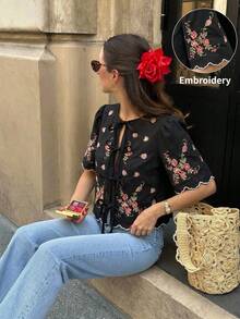 Serisse 女士印花系带休闲百搭日常短袖衬衫 - 黑色 - 查看 1