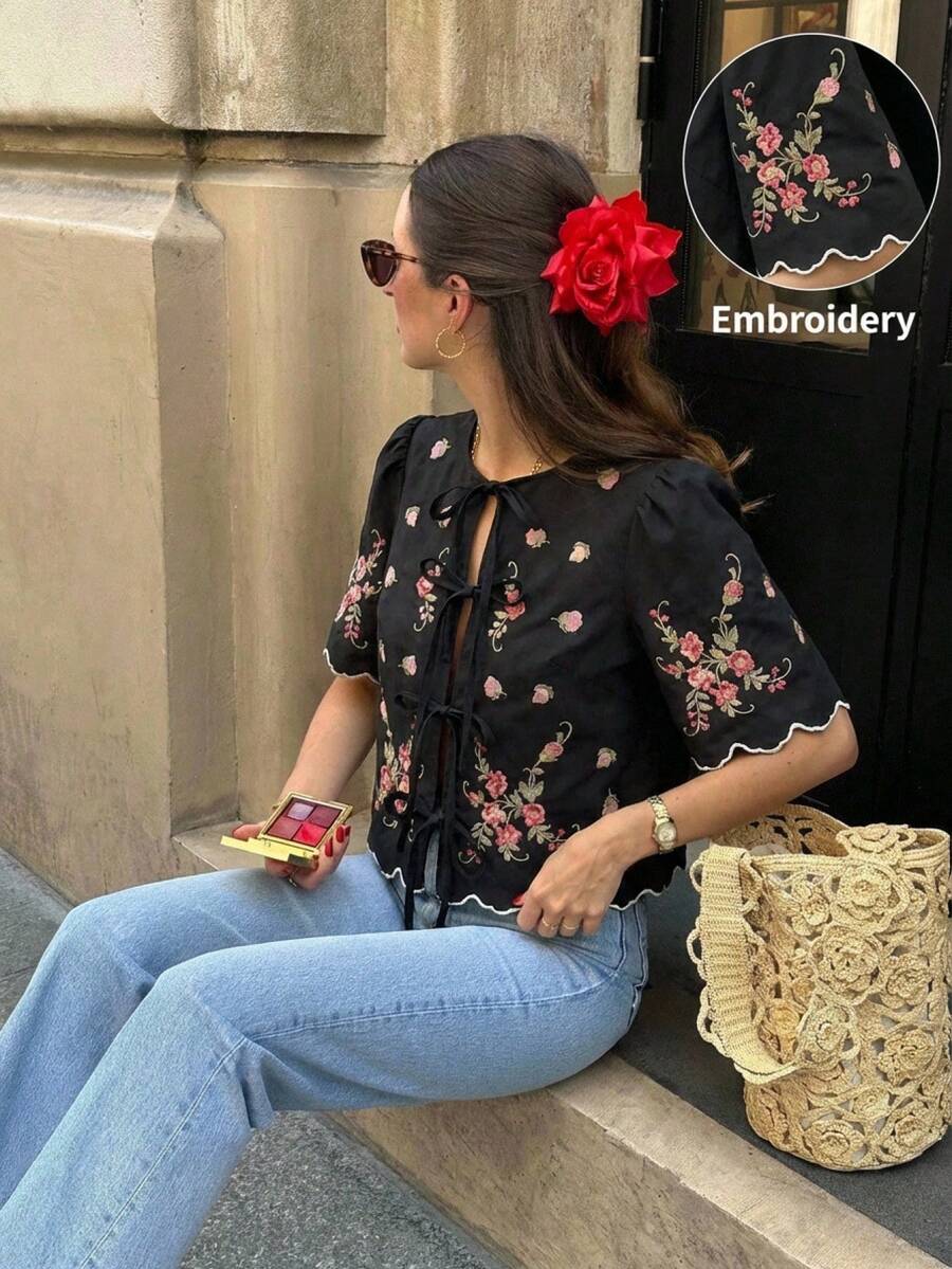 Serisse 女士印花系带休闲百搭日常短袖衬衫 - 黑色 - 查看 1