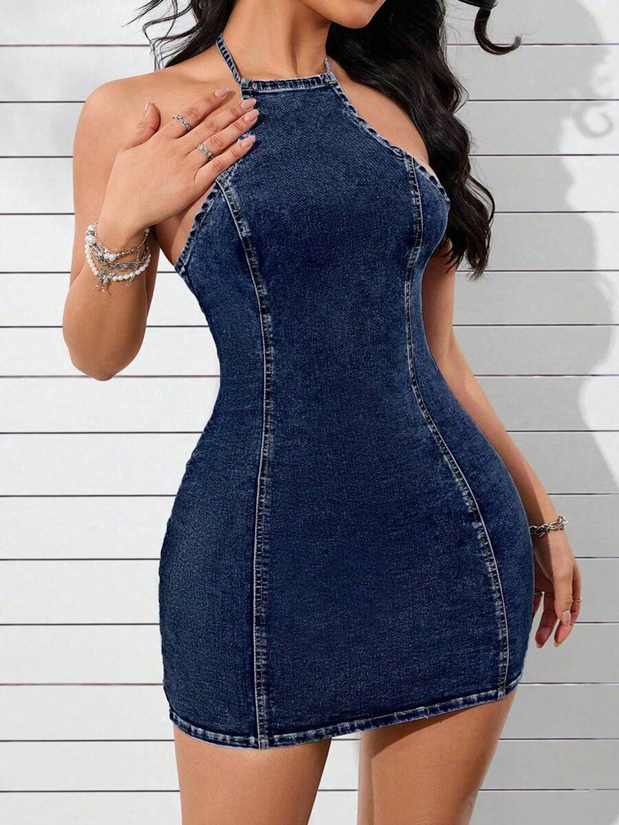 Rivivi Plus Size Women's Backless Sexy Halter Denim Dress, Suitable For Dates And Parties - Blue - View 1