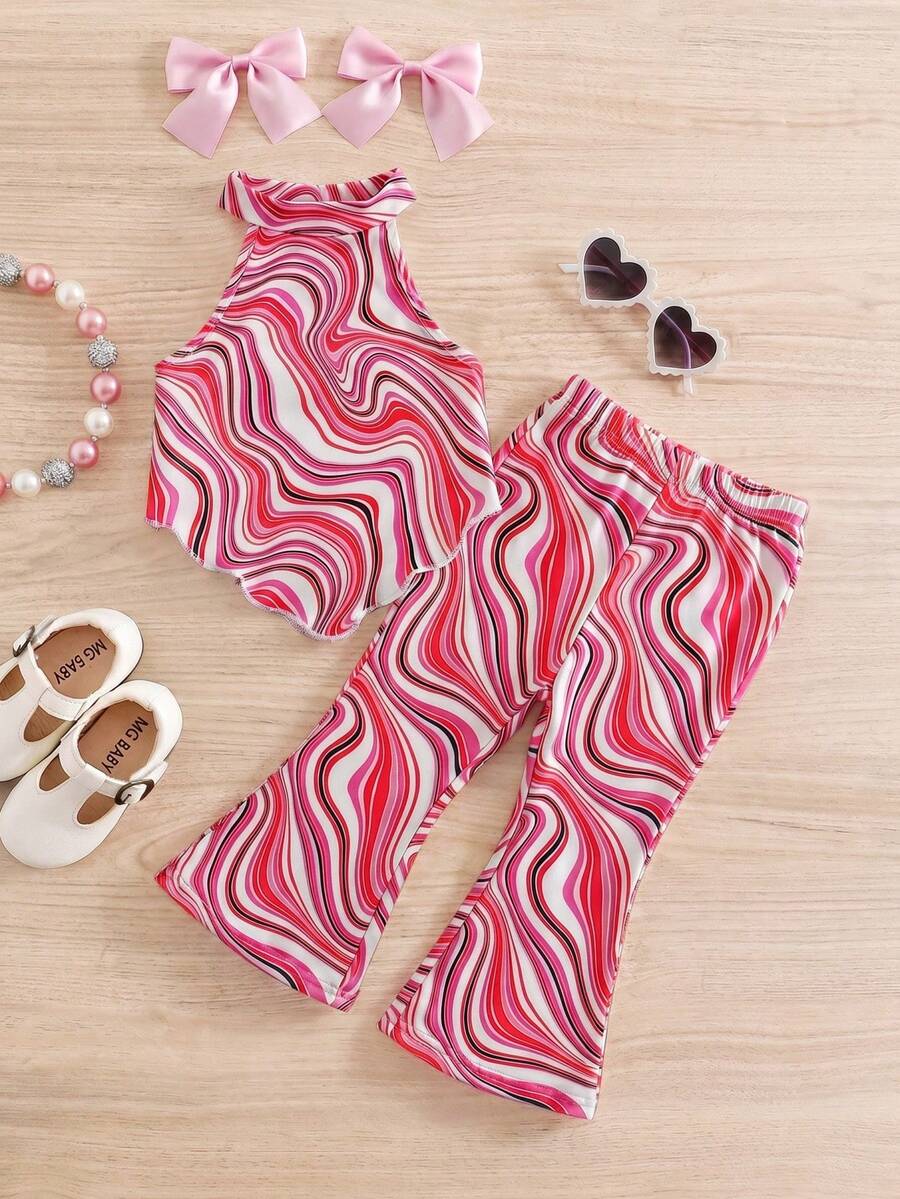 Emery Rose Kids Emery Rose Kids 2pcs Baby Girl Knitted Sleeveless Vest And Flared Pants Set Halter Neck Top Stretchy Pants Baby Girl Set Party Set Music Festival Set Summer Set For Baby Girl Tie Dye Set Colorful Set Pink And Purple Set For Baby Girl Colorful Top Pink Top Pink Bottom For Baby Cute Set Vacation Holiday - Multicolor - View 1