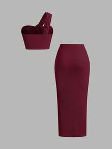 Sweetra Women's Asymmetrical Shoulder Tie Strap Ruched Crop Top And Mini Skirt 2-Piece Set - Burgundy - View 2