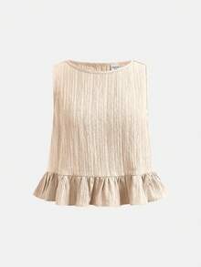 SHEIN 少女春夏休闲度假时尚编织纹理蓝色无袖上衣搭配直筒裤套装，适合度假、派对、优雅场合、返校季、春季野餐、日常穿着。 - 卡其色 - 查看 6