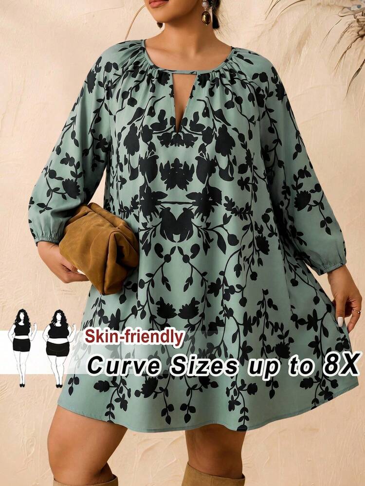 SHEIN CURVE+ Plus Size Women Plant Print Raglan Sleeve Casual Dress - Mint Green - View 1