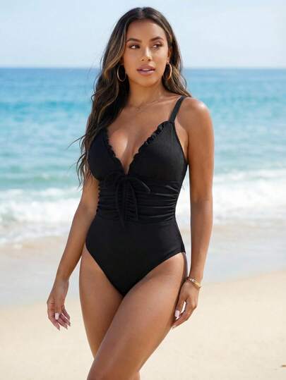 Breezaya 1 件女式纯色前系带荷叶边连体泳衣