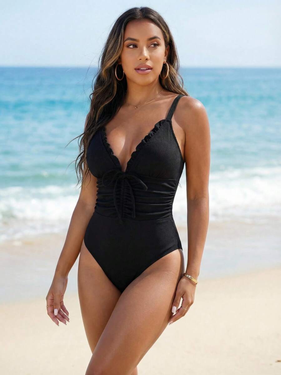 Breezaya 1pc Women's Solid Color Front Tie Ruffle One-Piece Swimsuit For Summer Beach Vacation - Black - View 1