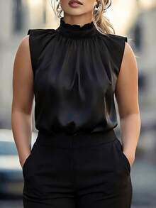 Velvienne 时尚优雅领结仿丝无袖荷叶边下摆衬衫 - 黑色 - 查看 1
