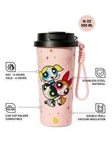 THE POWERPUFF GIRLS X SHEIN 500毫升/16盎司真空隔热不锈钢杯，配1个防漏盖，适用于冷热饮，适用于大多数车载杯架 - 粉色 - 查看 3