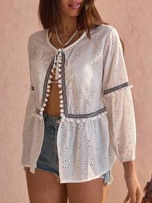 Women Eyelet Embroidery Detailed Front Tie Boho Blouse - White - View 5