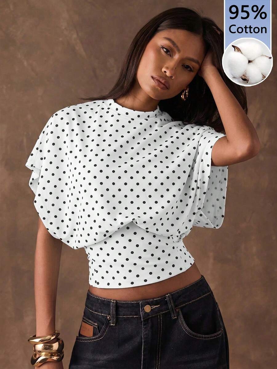SHEIN BAE Áo thun nữ 95% cotton chấm bi đen trắng, kiểu dáng giản dị, tối giản, thanh lịch, đa năng, tay cánh dơi, eo thắt - Hoàn hảo cho mùa xuân/hè, đi làm, đi biển, lễ hội âm nhạc, kỳ nghỉ nhiệt đới, mùa tốt nghiệp, đi chơi, dự tiệc và mặc hàng ngày. - Nhiều màu - Xem 1