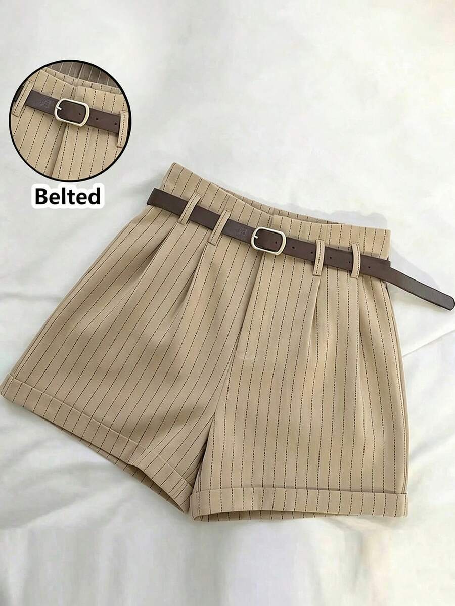 Franclia Quần short/quần ống rộng/quần Bermuda kẻ sọc dọc màu mơ, đa năng, thích hợp cho việc đi làm hàng ngày, có thắt lưng trang trí, phù hợp cho mùa Thu/Đông. - Màu be - Xem 1