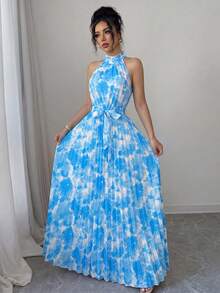 Elenzga Gaun A-Line Elegan Romantis dengan Kerah Ruffle dan Lipatan di Pinggang, Motif Bunga, Cocok untuk Kencan, Musim Semi/Panas - MultiWarna - View 4