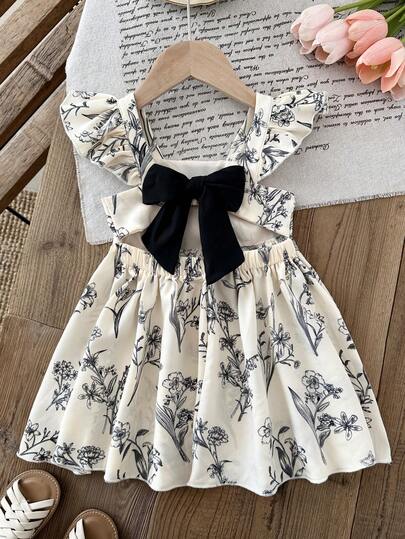 LMoss Kids 女婴碎花圆领荷叶袖休闲连衣裙