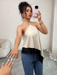 GlowEve Áo hai dây cổ yếm mùa hè mới dành cho nữ, màu đen, buộc dây cổ, vạt áo bất đối xứng viền ren, áo vest gợi cảm cho nữ, áo kiểu ôm sát không tay hở lưng trang trí ren sang trọng, phù hợp cho tiệc tùng, cocktail, các dịp trang trọng và công sở thường ngày, trang phục đi biển cho nữ. - Màu be - Xem 5