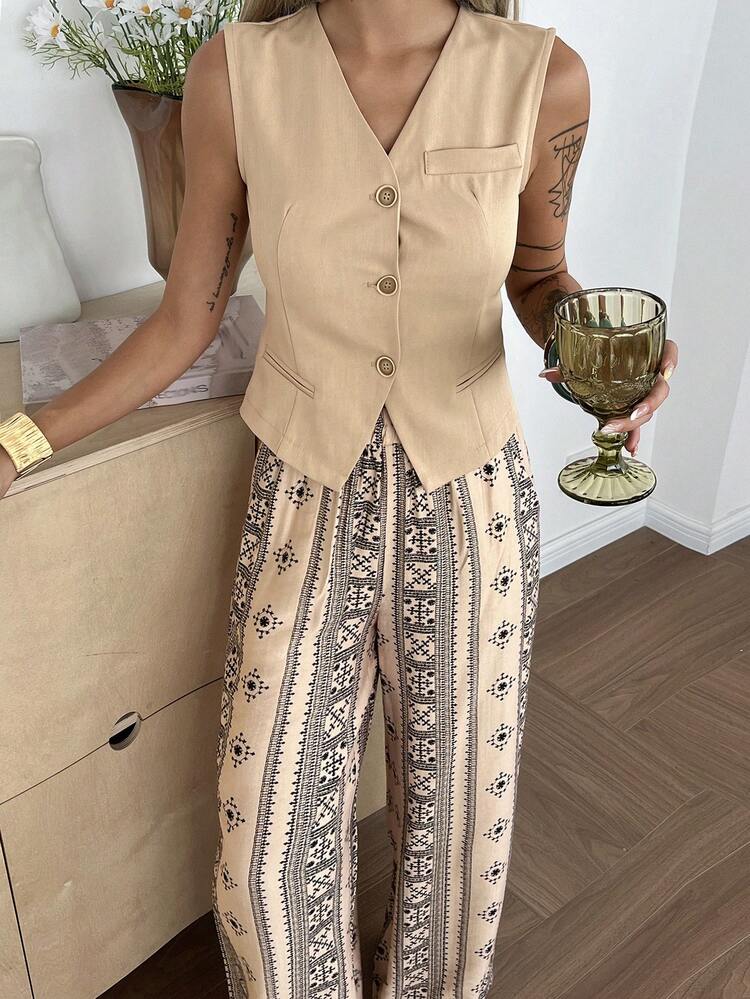 Women's Casual Elegant Sleeveless Long Vest And Straight Leg Pants 2 Pieces Set, Spring/Summer