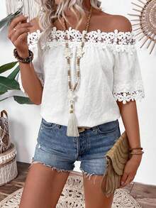 EMERY ROSE 女士纹理面料蕾丝边饰时尚细节衬衫，休闲女式衬衫 - 白色 - 查看 10