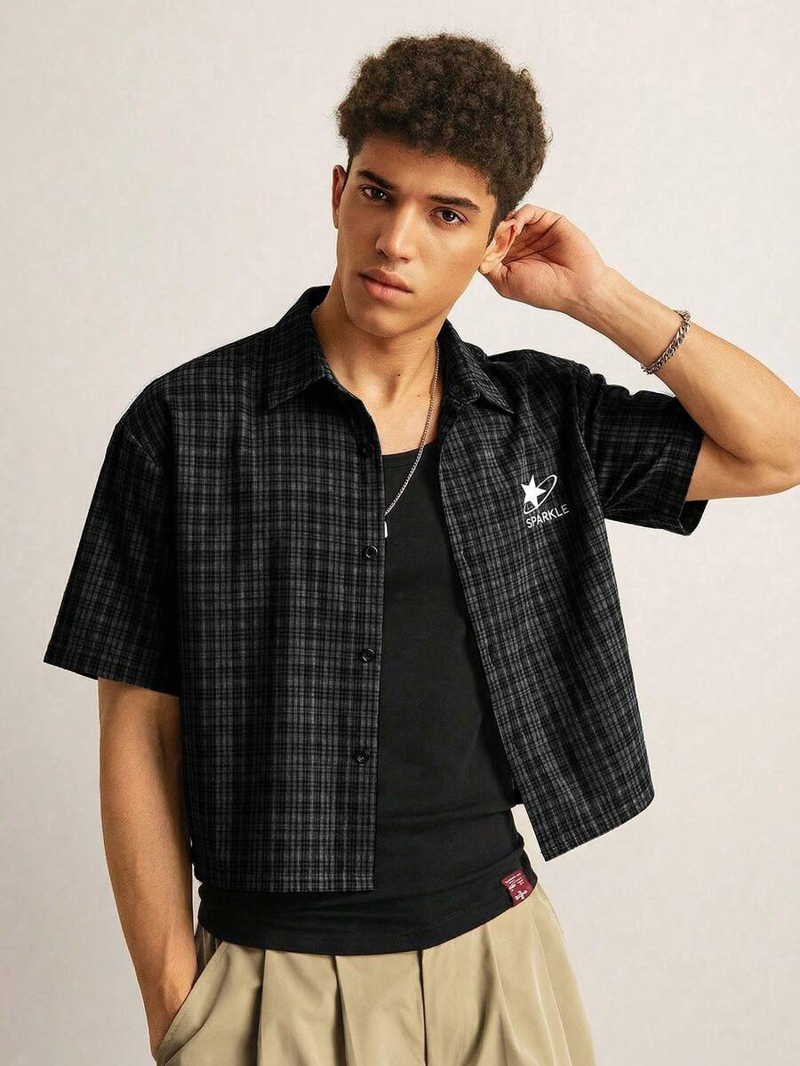 NORVETH Men's Plaid Star Letter Embroidered Short Sleeve Shirt - Black - View 1