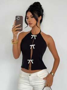 DAZY Áo tank top mùa hè thanh lịch, gợi cảm, thắt nơ đính đá, dáng ngắn, cổ yếm, hở lưng dành cho nữ. - màu đen - Xem 1