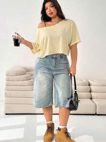 Solflare 大码女式夏季休闲通勤简约度假风不对称领宽松芥末黄T恤 - 鵝黃色 - 查看 5