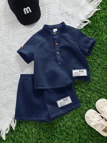 SHEIN 2pcs Baby Boy Casual Cute Vacation Style White Short Sleeve Shirt And Shorts Set, Suitable For Spring/Summer - Navy Blue - View 7