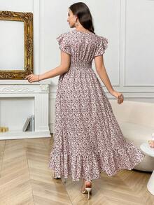 SHEIN 夏季孕妇V领短袖荷叶边腰部碎花连衣裙 - 粉色 - 查看 2